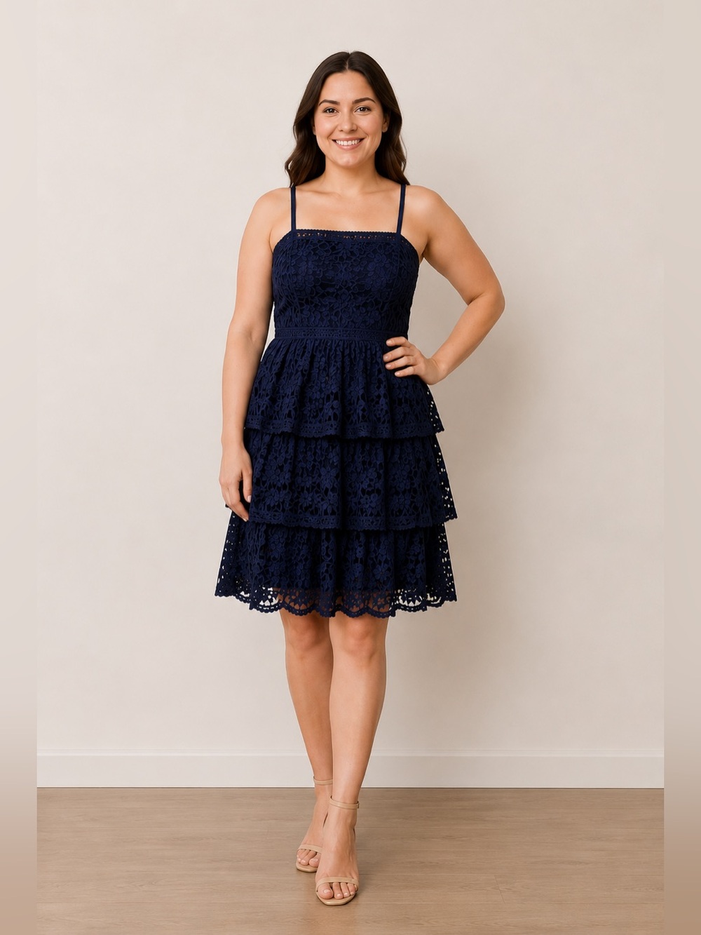 Chi Chi London Navy Floral Lace Tiered Knee Length Dress US 10 NWOT